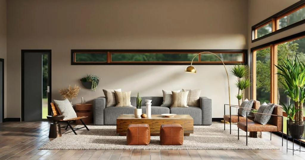 Modern living room interior featuring dark wood plank flooring, plush area rug, grey sofa, and leather accent armchairs.