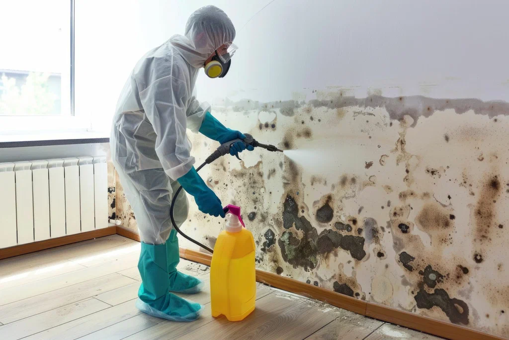 Restoration specialist in full protective suit and respirator spraying anti-mold treatment on a severe black mold-infested indoor wall.